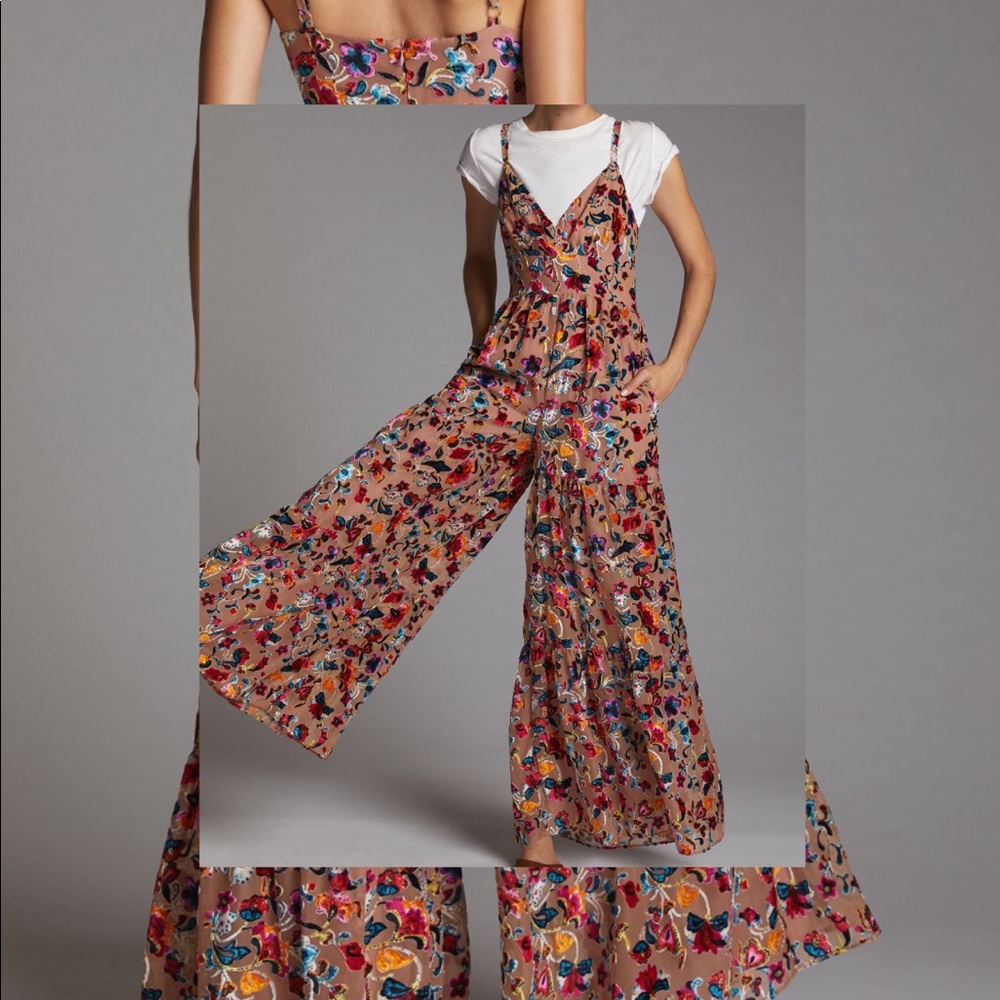 Anthropologie Flounced Floral Velvet Burnout Jumpsuit